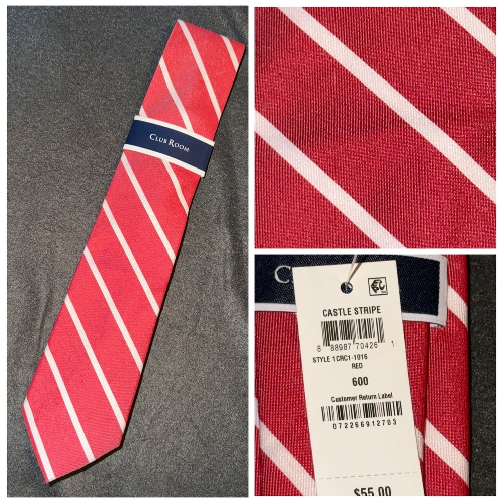 Club Room Mens Castle Stripe Red White Diagonal Striped Necktie 1CRC1-1016 NWT